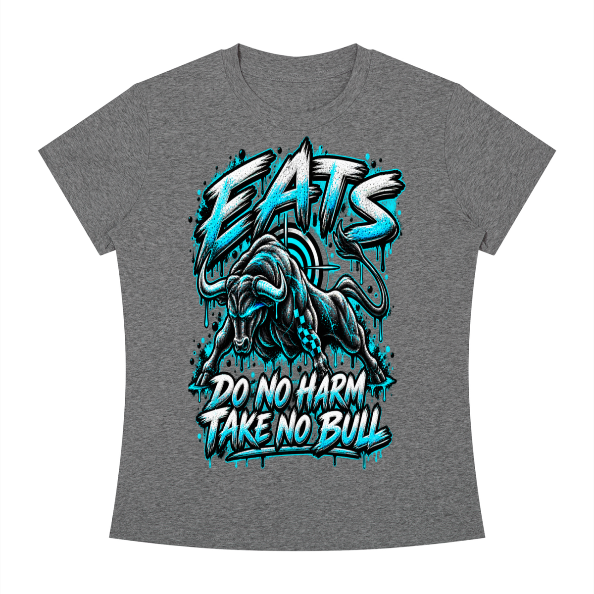 blue,white,grey,gray,bull,animal,bullseye,eats,brandlogo,hers,her,womens,women,casual,streetwear,womensstreetwear,teal,lightblue,graphic,graphictshirt,dark,light