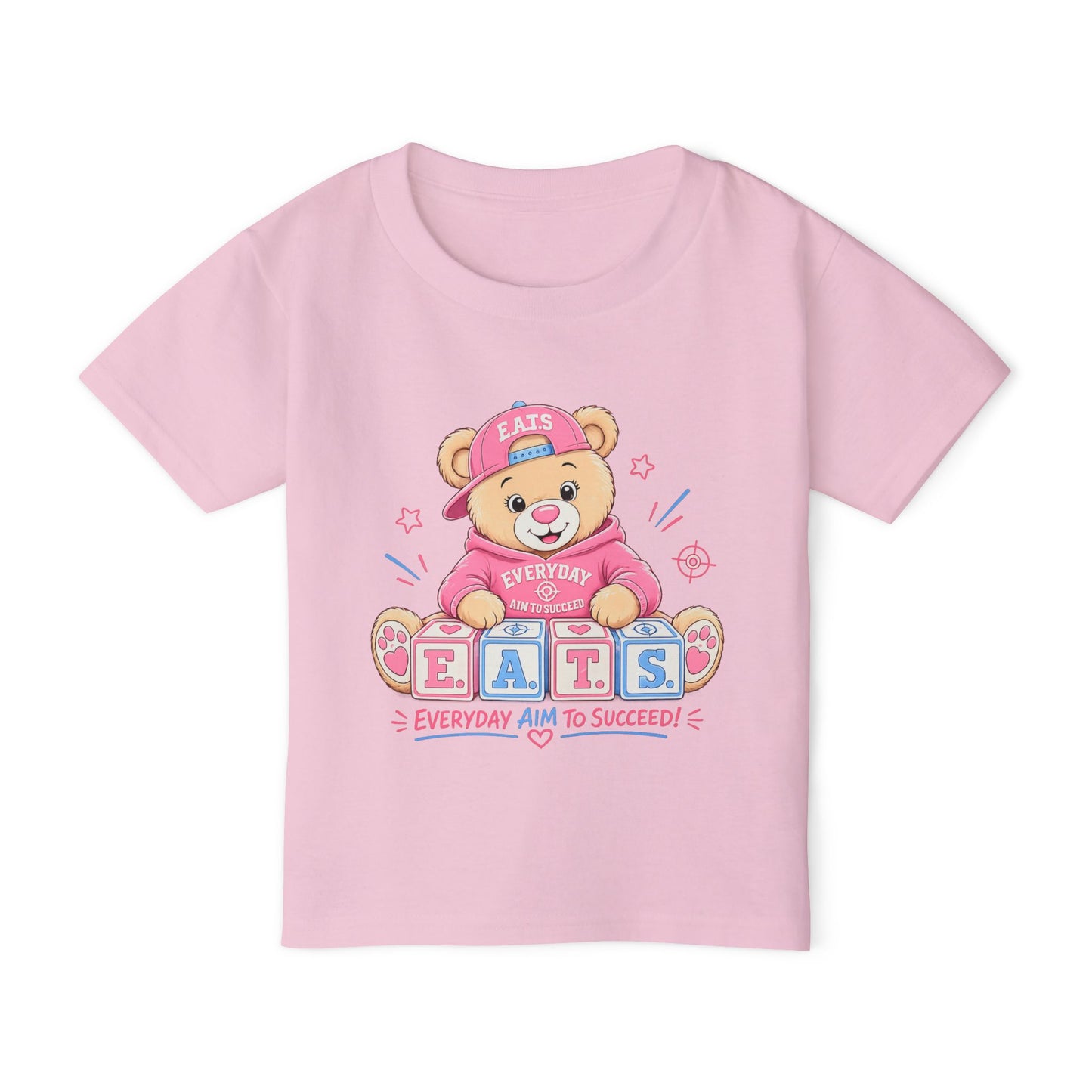 Toddlers' Bear Blocks T‑Shirt — "E.A.T.S. Everyday Aim To Succeed" Cute Pink Teddy Tee