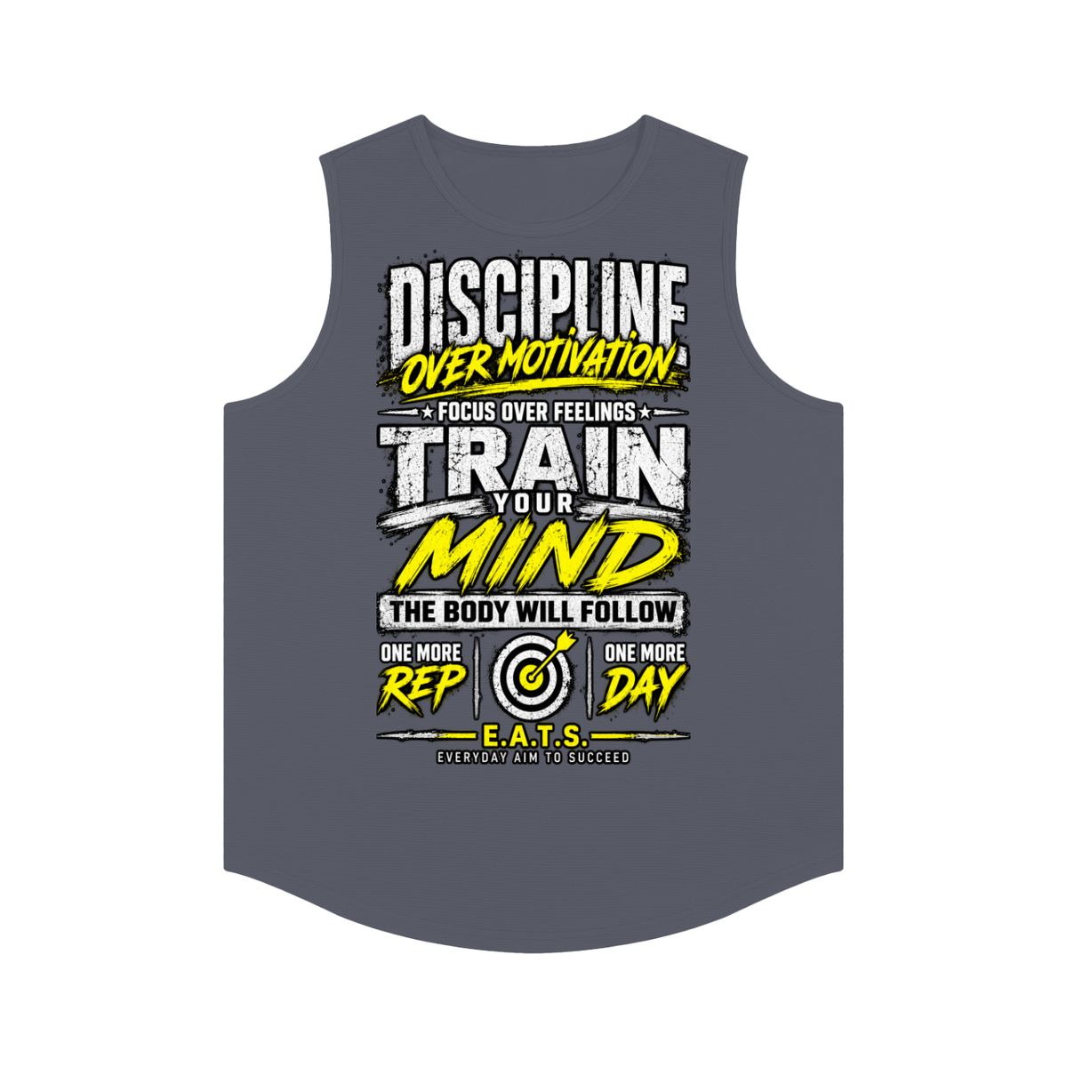 mens,logo,eats,gym,muscleshirt,yellow,grey,gray,black,men,discipline,train,repshirt,casual,menscasual,streetwear,bullseye,motivational,graphic,his,workout