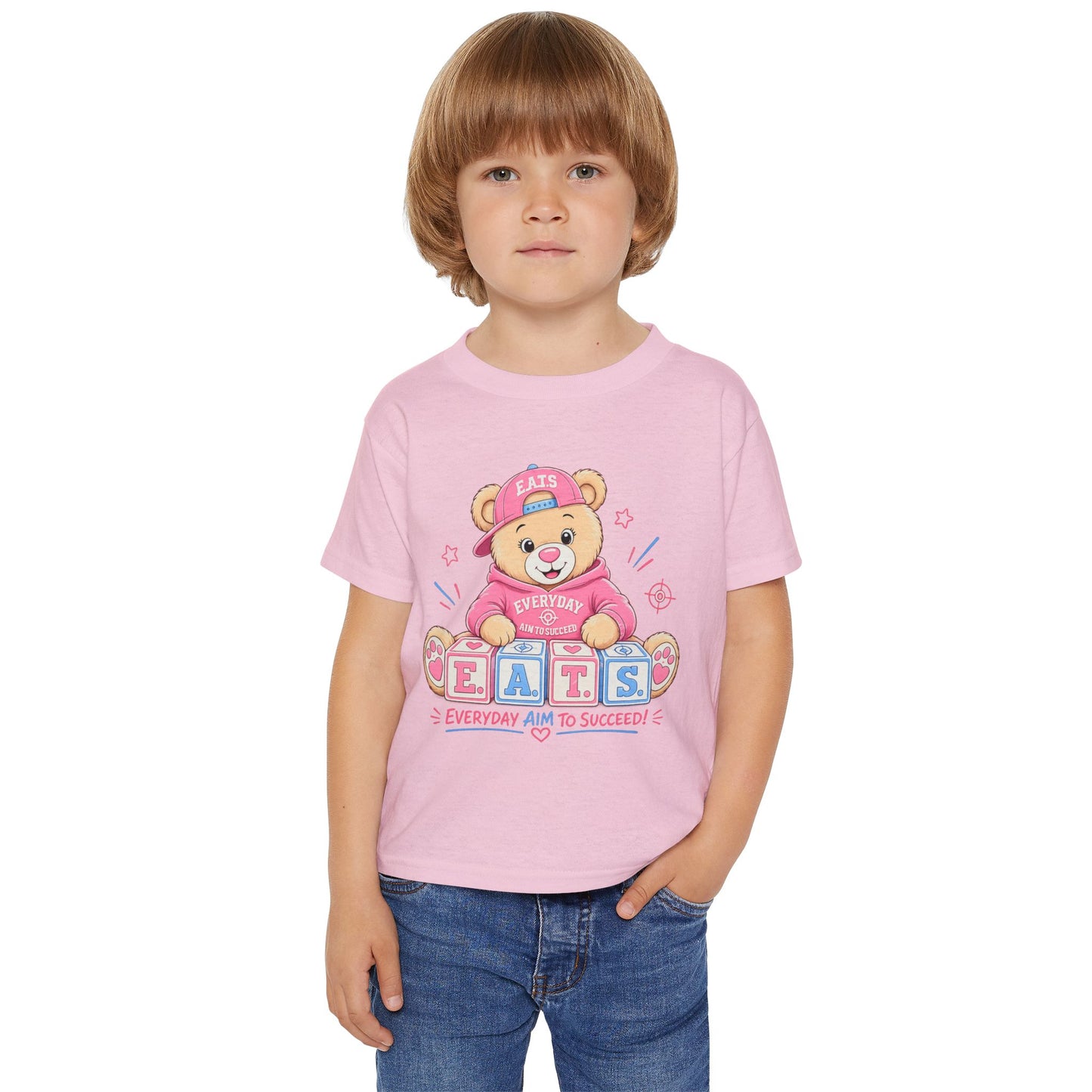 Toddlers' Bear Blocks T‑Shirt — "E.A.T.S. Everyday Aim To Succeed" Cute Pink Teddy Tee