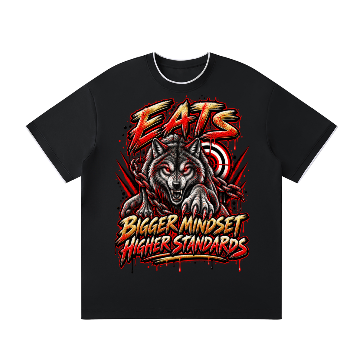 white,black,khaki,khakitshirt,blacktshirt,whitetshirt,graphic,graphictshirt,his,mens,men,menstshirt,mensgraphictshirt,mensstreetwear,streetwear,fashion,mensfashion,mensfashionwear,wolf,biggermindset,higherstandards,eats,eatslogo,brandlogo,everydayaimtosucceed,red,redandgold,redandyellow,bullseye,whiteandblack,blackandwhite,khakiandwhite,graphicdrip,drip