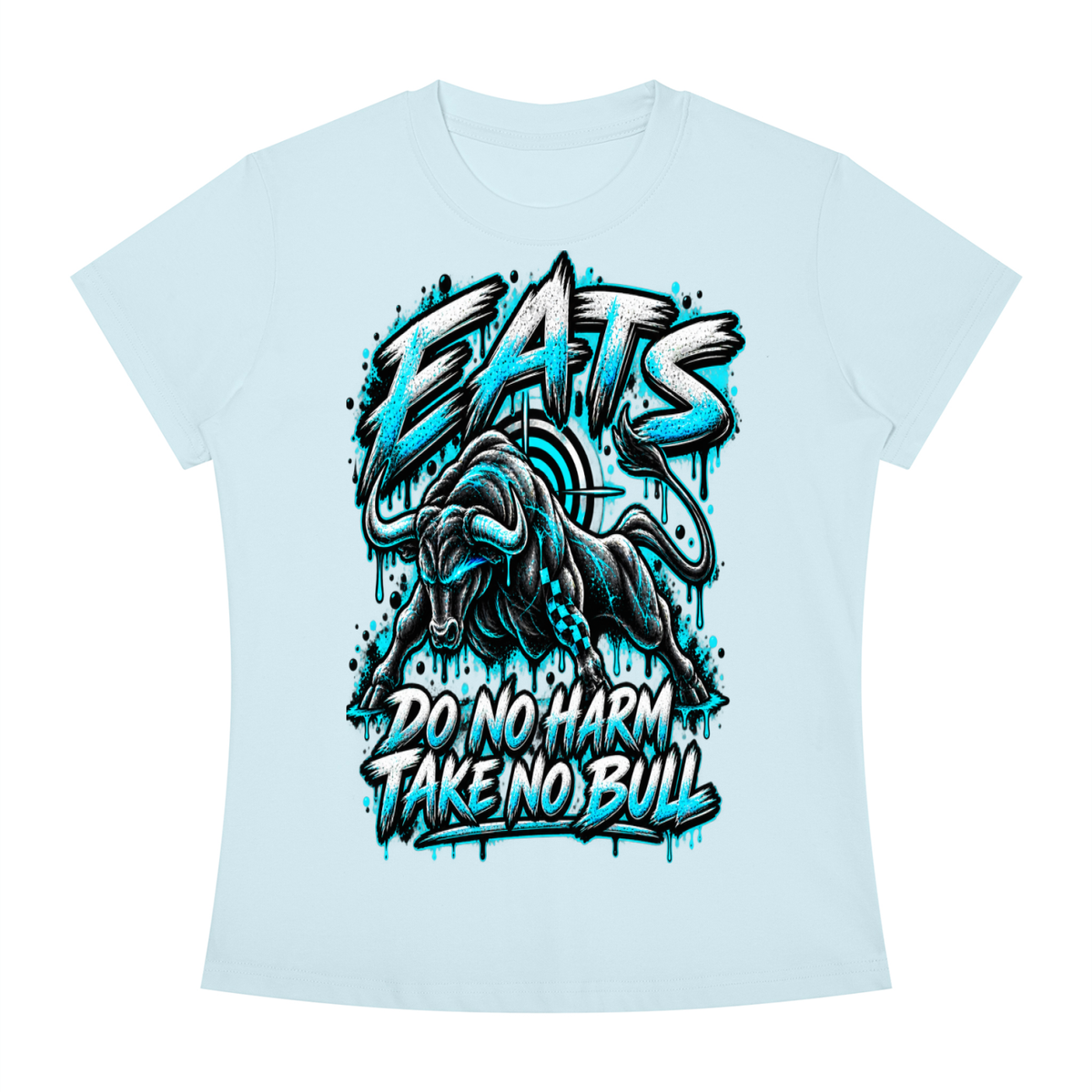 blue,white,grey,gray,bull,animal,bullseye,eats,brandlogo,hers,her,womens,women,casual,streetwear,womensstreetwear,teal,lightblue,graphic,graphictshirt,dark,light
