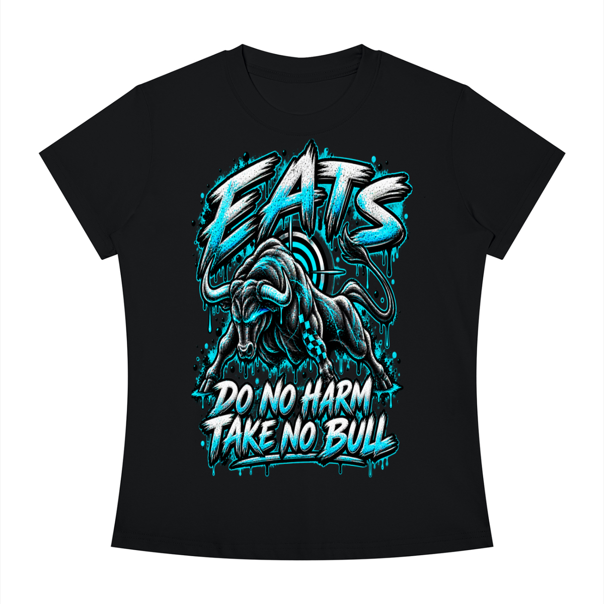 blue,white,grey,gray,bull,animal,bullseye,eats,brandlogo,hers,her,womens,women,casual,streetwear,womensstreetwear,teal,lightblue,graphic,graphictshirt,dark,light