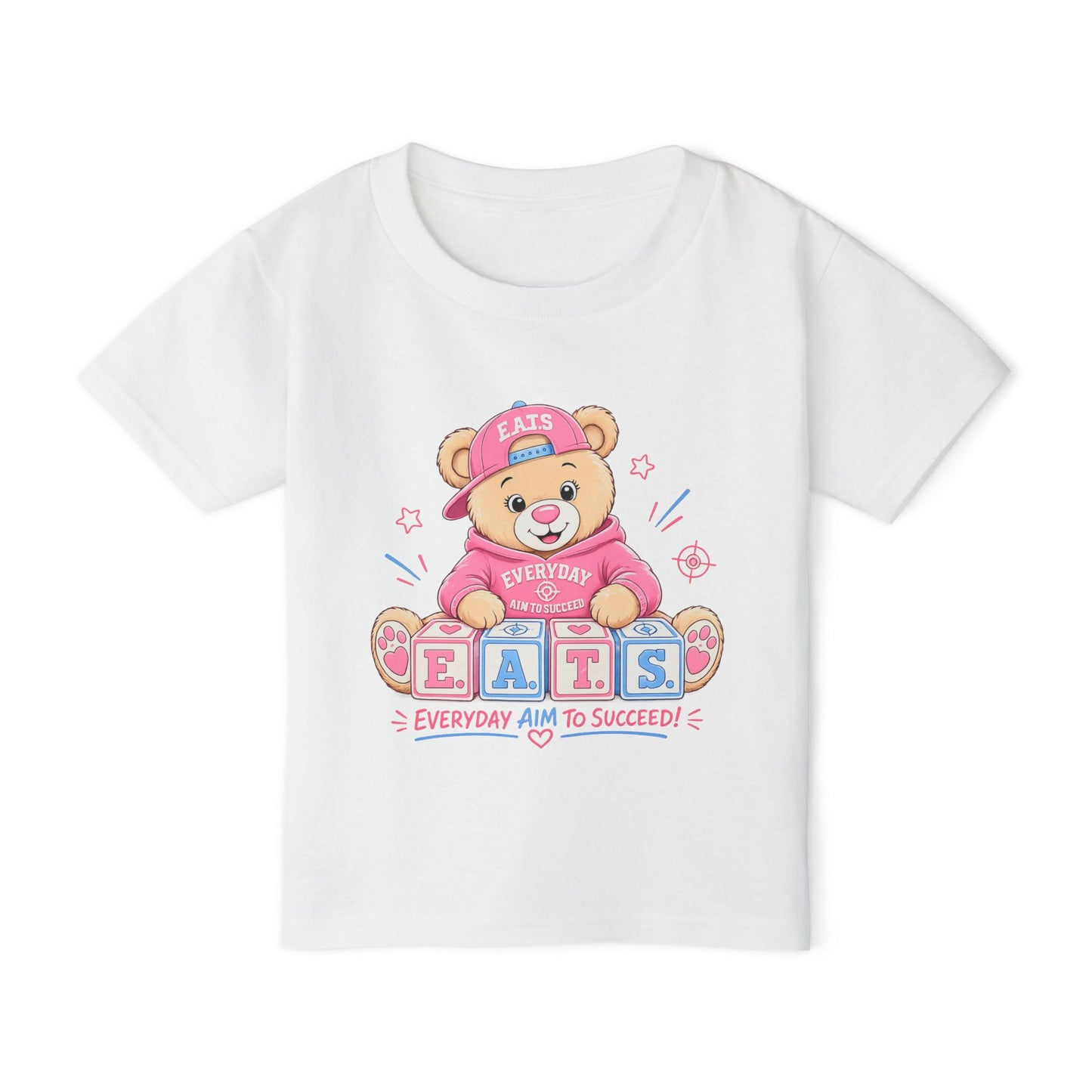 Toddlers' Bear Blocks T‑Shirt — "E.A.T.S. Everyday Aim To Succeed" Cute Pink Teddy Tee