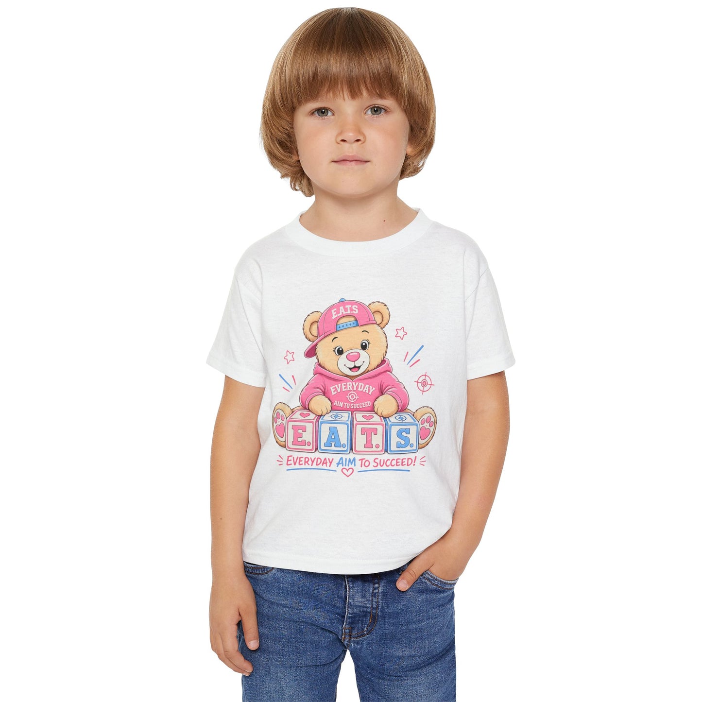 Toddlers' Bear Blocks T‑Shirt — "E.A.T.S. Everyday Aim To Succeed" Cute Pink Teddy Tee