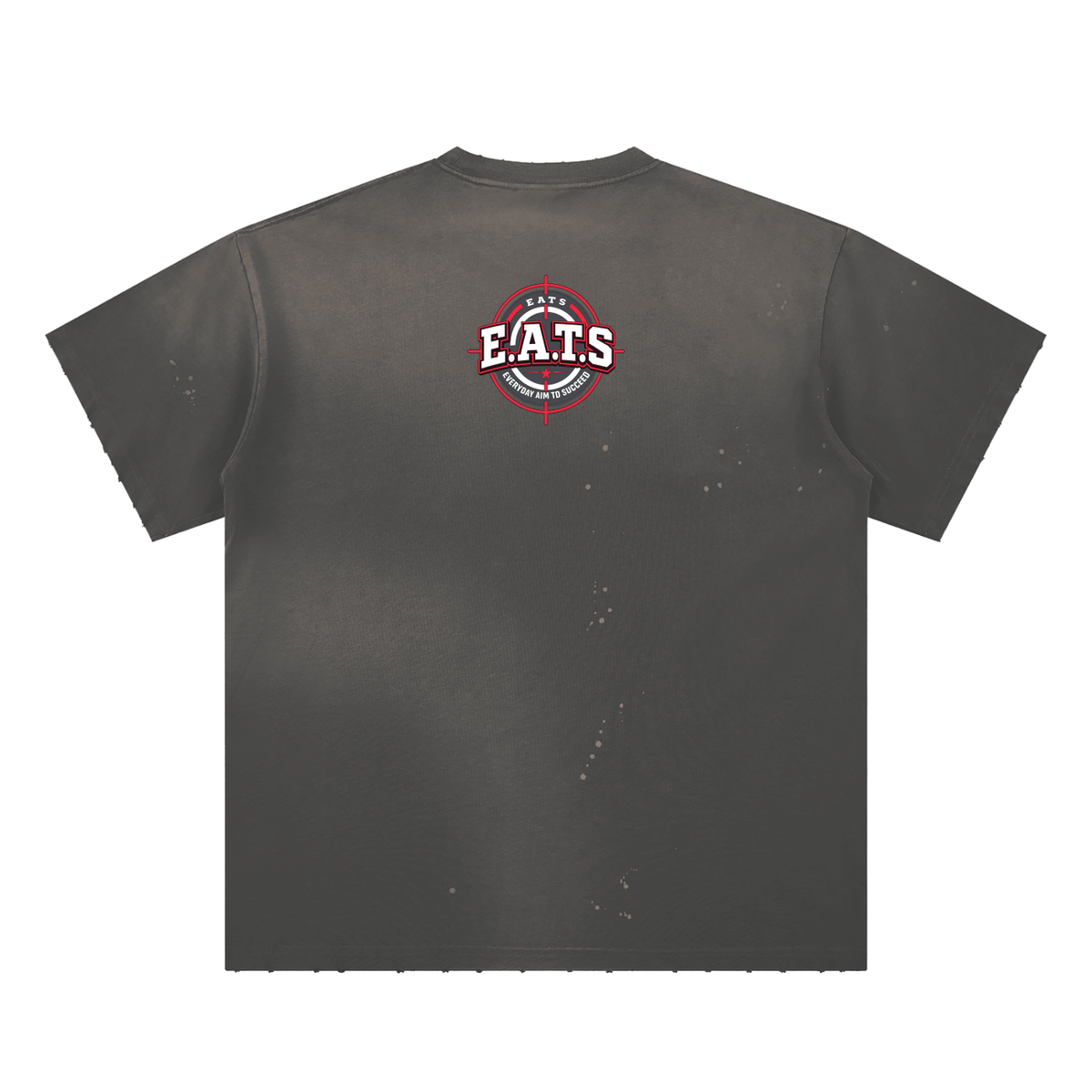 mens,tshirt,splatter,grey,red,white,eats,fear,purpose