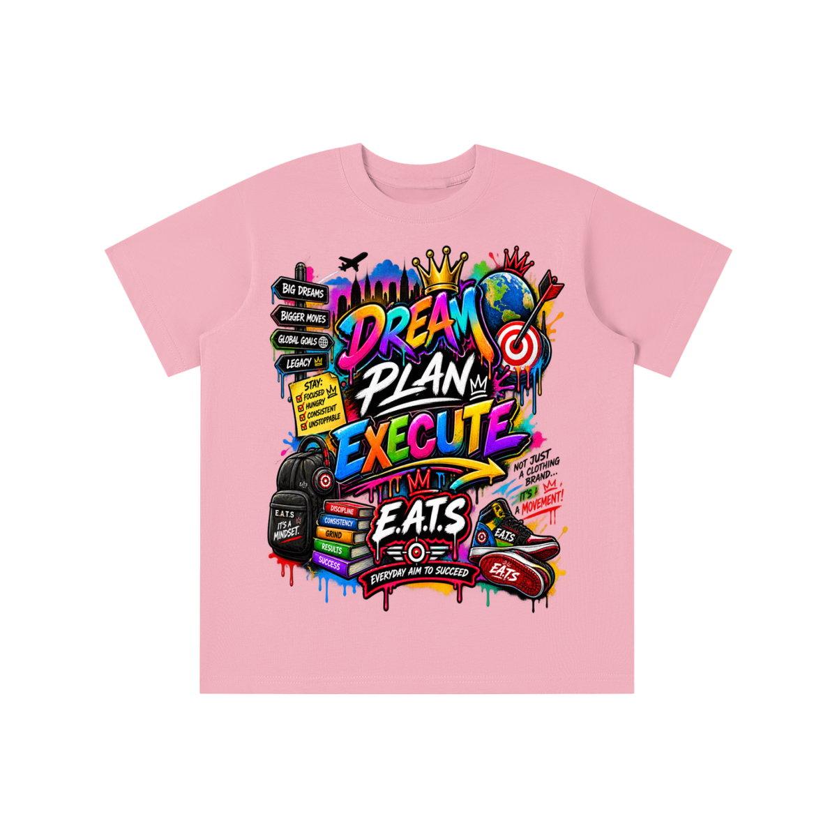 blue,pink,green,white,black,multicolor,mulitcolors,kids,kidstshirt,graphic,kidsgraphict,eats,brandlogo,logo,dream,plan,execute,bullseye
