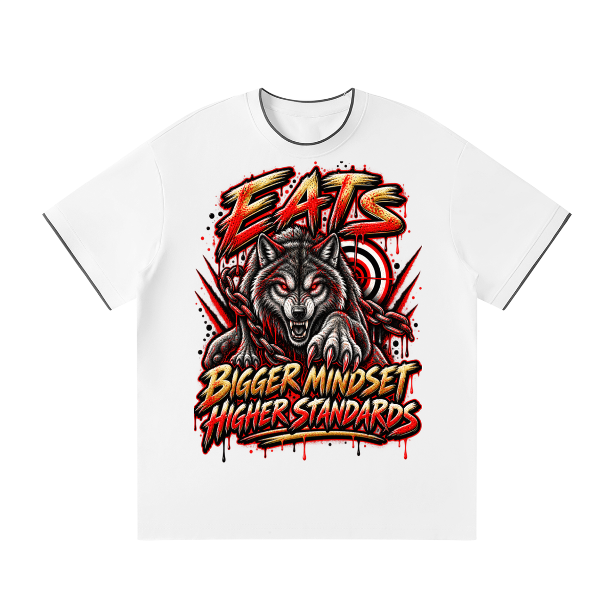 white,black,khaki,khakitshirt,blacktshirt,whitetshirt,graphic,graphictshirt,his,mens,men,menstshirt,mensgraphictshirt,mensstreetwear,streetwear,fashion,mensfashion,mensfashionwear,wolf,biggermindset,higherstandards,eats,eatslogo,brandlogo,everydayaimtosucceed,red,redandgold,redandyellow,bullseye,whiteandblack,blackandwhite,khakiandwhite,graphicdrip,drip