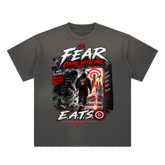mens,tshirt,splatter,grey,red,white,eats,fear,purpose