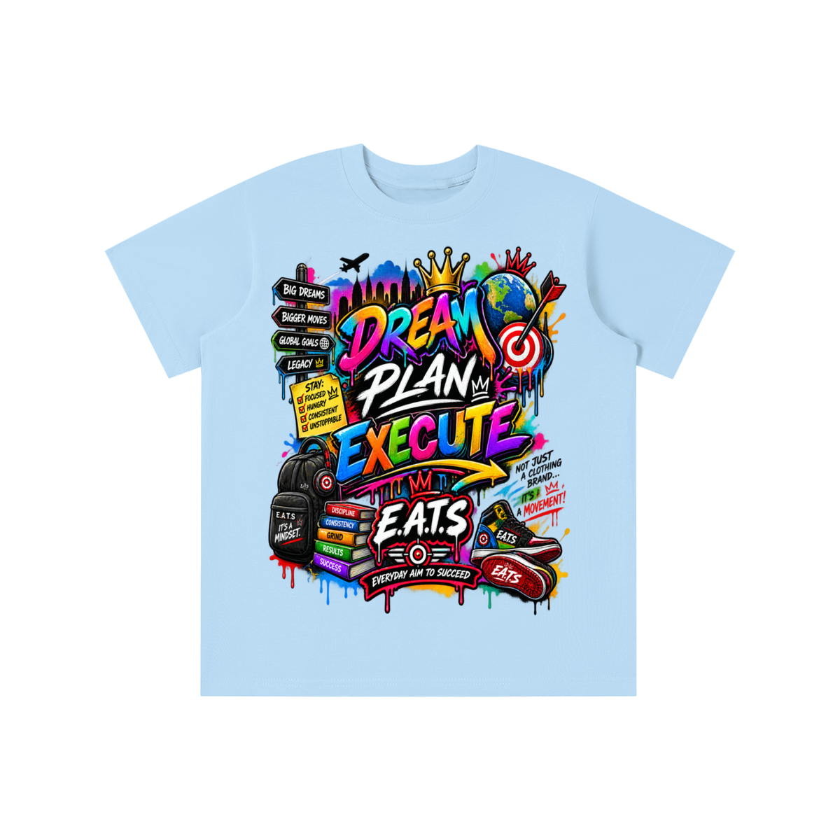 blue,pink,green,white,black,multicolor,mulitcolors,kids,kidstshirt,graphic,kidsgraphict,eats,brandlogo,logo,dream,plan,execute,bullseye