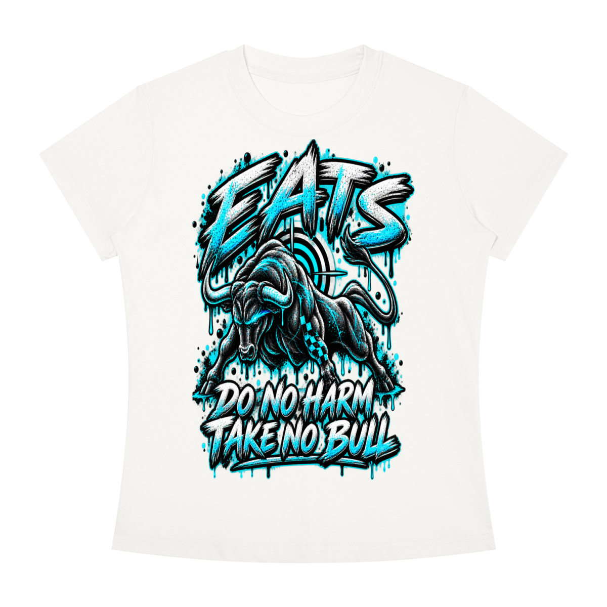 blue,white,grey,gray,bull,animal,bullseye,eats,brandlogo,hers,her,womens,women,casual,streetwear,womensstreetwear,teal,lightblue,graphic,graphictshirt,dark,light