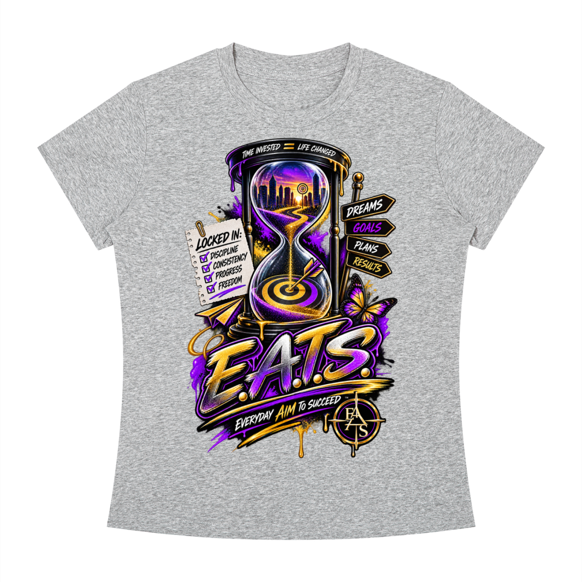 grey,gray,black,womens,women,hers,graphictshirt,eats,bullseye,logo,brandlogo,light,dark